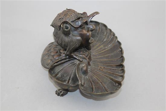 A late 19th century Continental bronze inkstand, 9.5in.